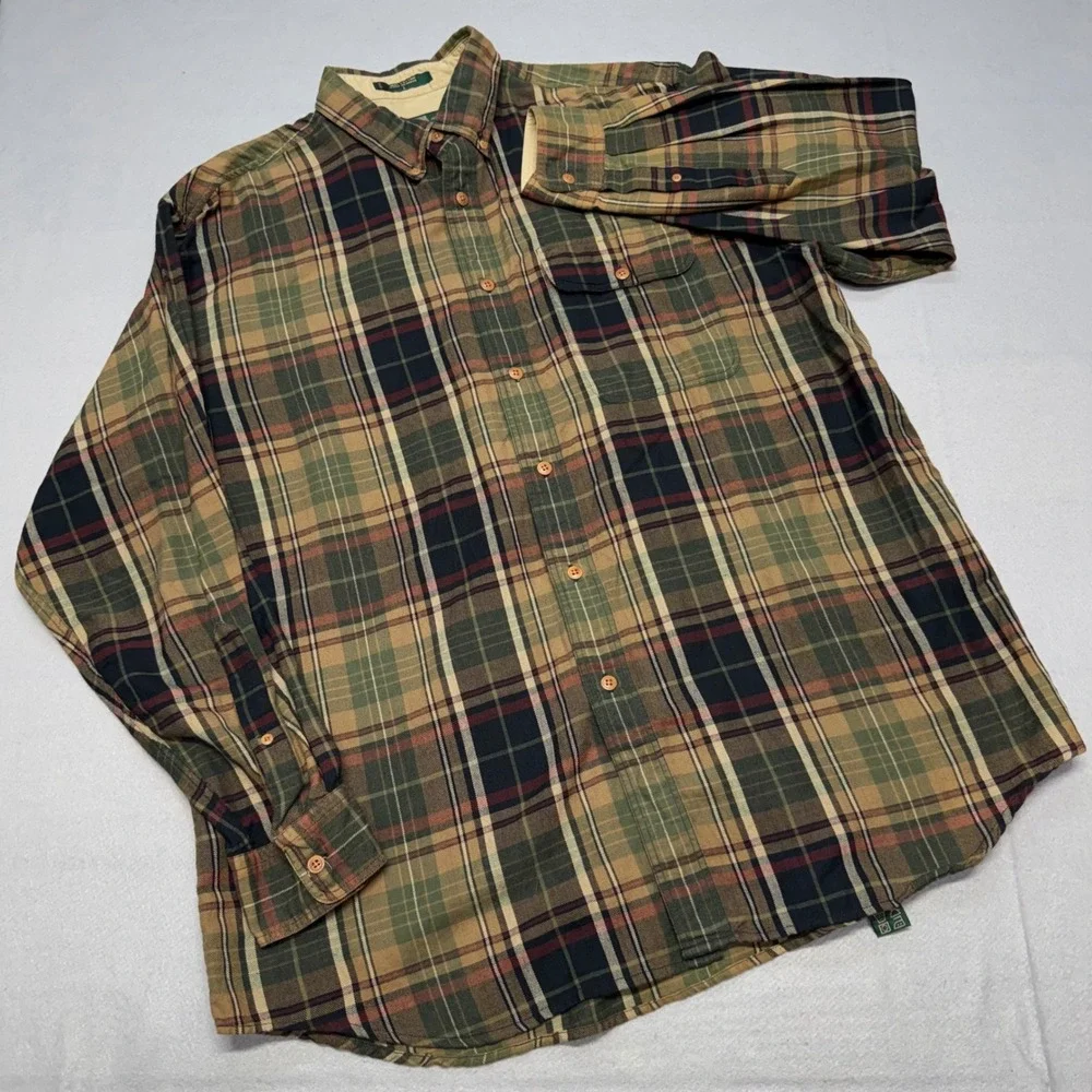 Orvis Heritage Flannel Button Down Shirt Mens Large Green Tan Plaid Cotton VTG